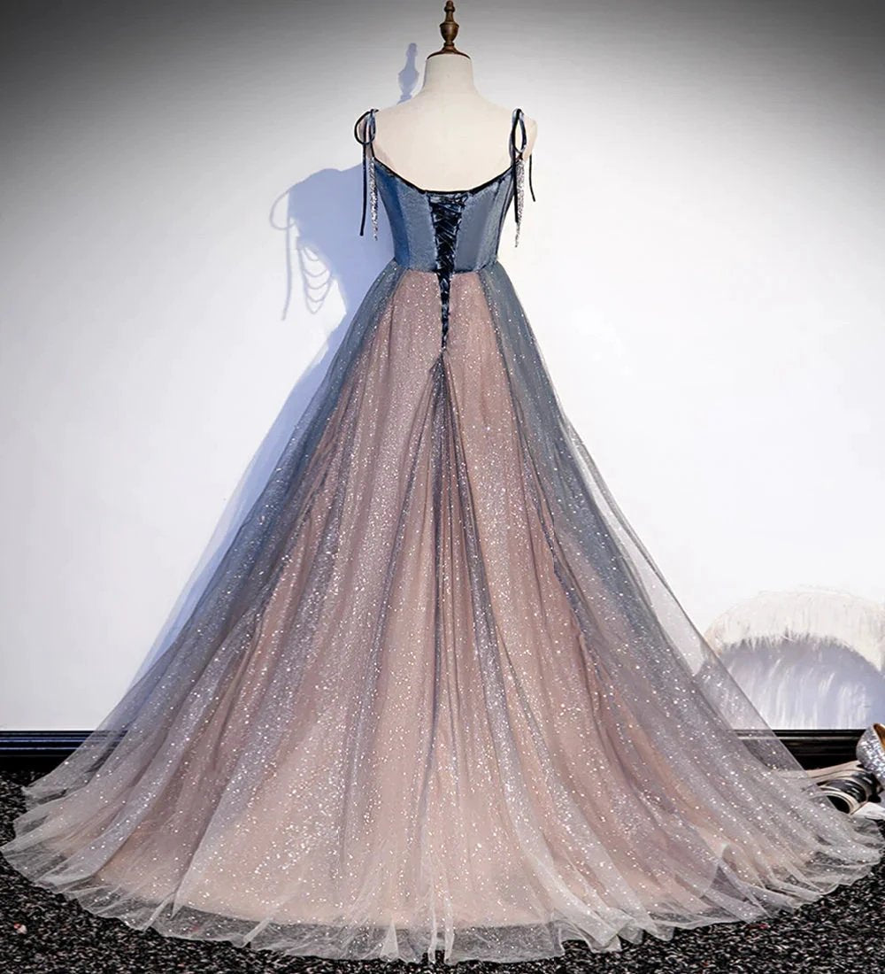 Blue tulle sequins long prom dress evening dress s80 by simplepromdress