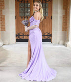 Lilac Off The Shoulder Pleated Side Slit Long Prom Evening Dresses Y1287 by simplepromdress