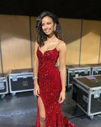 Sparkly Mermaid Sweetheart Red Sequins Long Prom Evening Dresses with Split Y1312 by simplepromdress