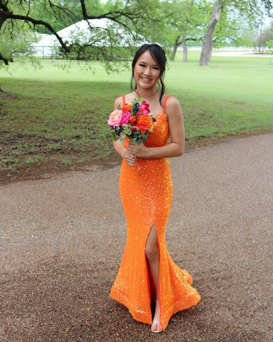 Elegante Meerjungfrau Orange Pailletten Langes Abendkleid Formale Abendkleider Y1307
