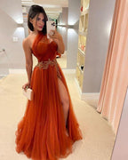 Elegant Orange Tulle Long Prom Dress New Arrival Evening Dress Y1304 by simplepromdress