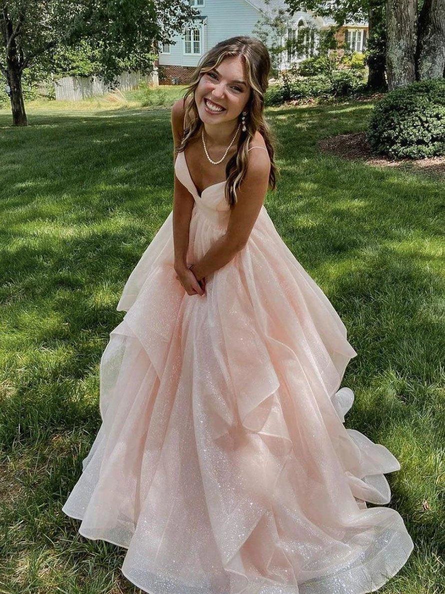 Pink spaghetti straps a line prom dress,layered evening gown,sparkle prom long dress Y1303 by simplepromdress