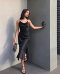 Simple Sheath Cowl Neck Black Tea Length Evening Dresses Y1322 by simplepromdress