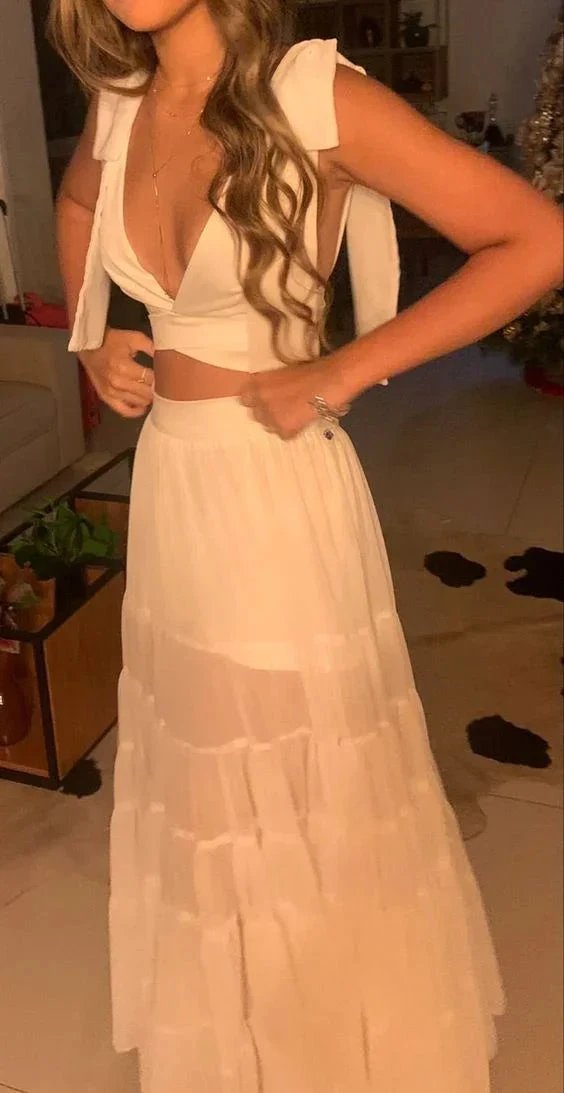Charming Two Piece White Evening Dress White Wedding Guest Dress Y1326 by simplepromdress