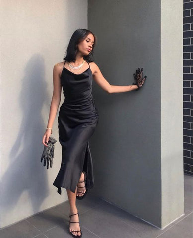 Simple Sheath Cowl Neck Black Tea Length Evening Dresses  Y1322