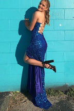 Sparkly Mermaid Scoop Neck Straps Royal Blue Prom Dress With Slit, Evening Dress Y1265 by simplepromdress