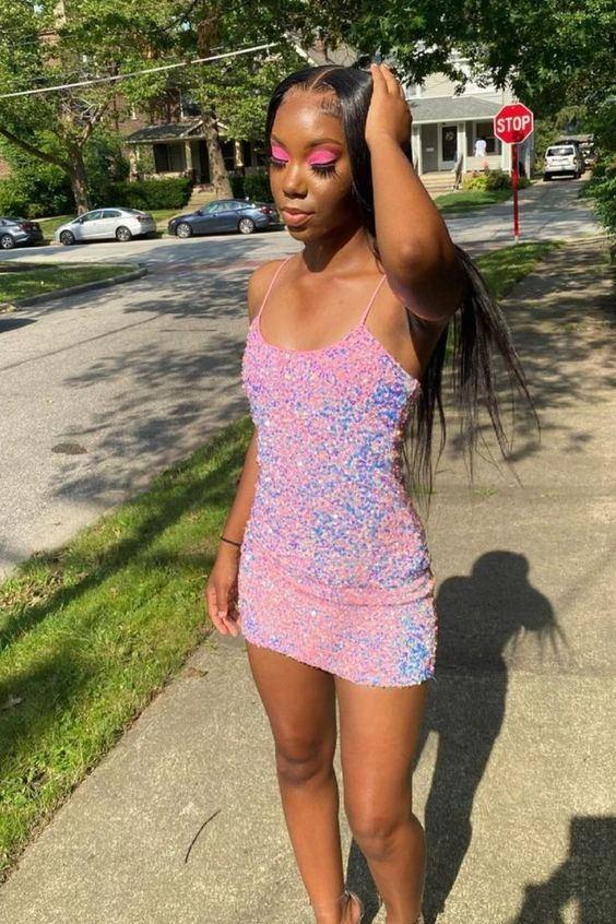 Cute Bodycon Straps Pink Short Sparkly Homecoming Dresses Y1288 by simplepromdress