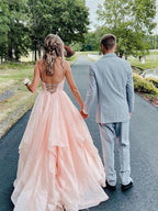 Pink spaghetti straps a line prom dress,layered evening gown,sparkle prom long dress Y1303 by simplepromdress