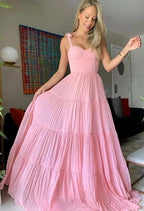 Sweet Pink Chiffon Long Prom Dresses,A-Line Evening Gown,Pleated Ruffles Party Dresses Y1317 by simplepromdress