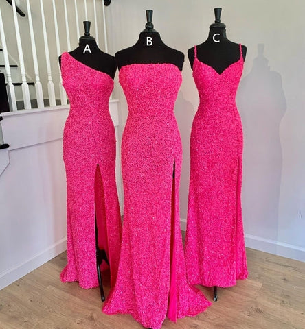 Hermoso vestido formal largo de sirena con lentejuelas rosa intenso, encantador vestido de noche Y1286