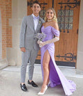 Lilac Off The Shoulder Pleated Side Slit Long Prom Evening Dresses Y1287 by simplepromdress