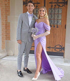 Lilac Off The Shoulder Pleated Side Slit Long Prom Evening Dresses Y1287 by simplepromdress