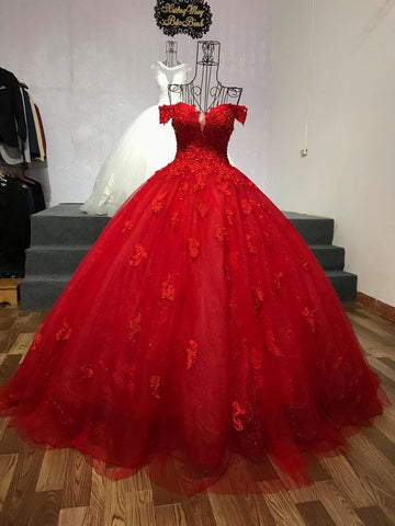 Vestido de fiesta rojo de tul con encaje y hombros descubiertos para quinceañeras Y1274