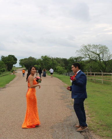 Elegante Meerjungfrau Orange Pailletten Langes Abendkleid Formale Abendkleider Y1307