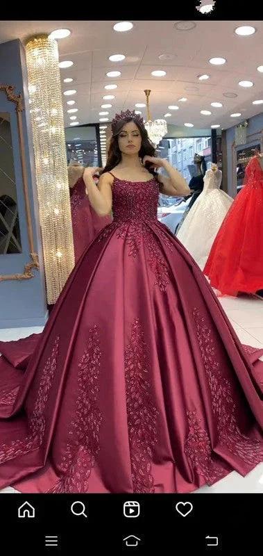 Burgundy Spaghetti Straps Satin Ball Gown A-line Prom Gown Y1620 by simplepromdress