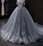 Blue lace applique elegant off the shoulder ball gown Y1578 by simplepromdress