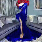 Velvet prom dresses, side slit prom dresses, lace appliques prom dresses, beaded evening dresses, keyhole prom dresses Y1596 by simplepromdress
