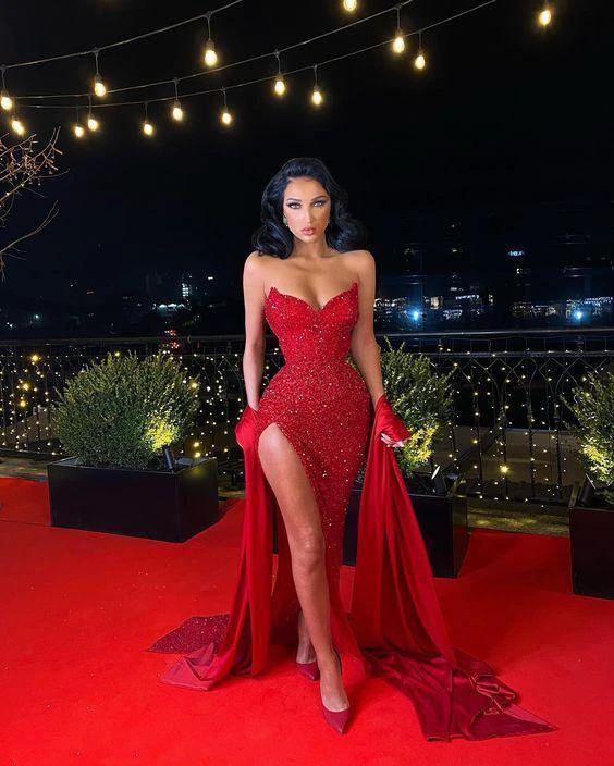 Red Sequins Mermaid Evening Dress with Split Sexy Prom Dress Y1640 by simplepromdress