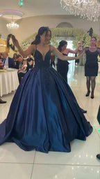A-line Spaghetti Straps Navy Blue Ball Gown Birthday Party Dress Y1612 by simplepromdress