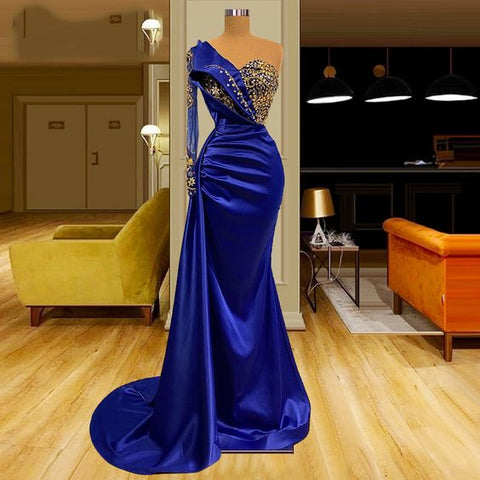Königsblaue Ballkleider, Perlenbesetzte Ballkleider, Langarm-Ballkleider, Meerjungfrauen-Ballkleider, Satin-Abendkleider Y1603