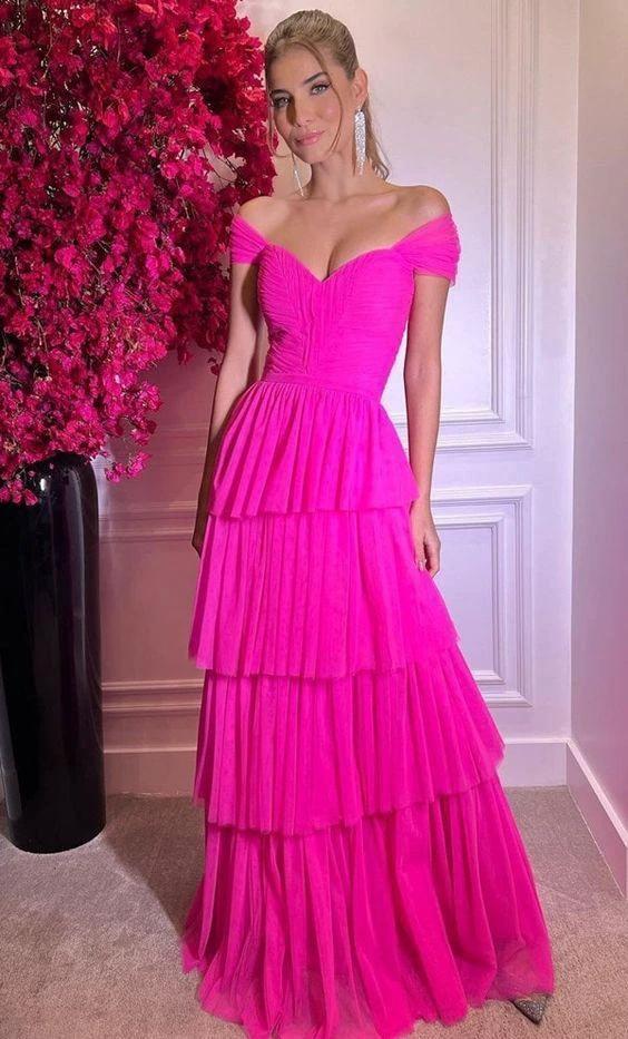 Hot Pink Off The Shoulder Prom Dresses Long Evening Gowns Y1617 by simplepromdress