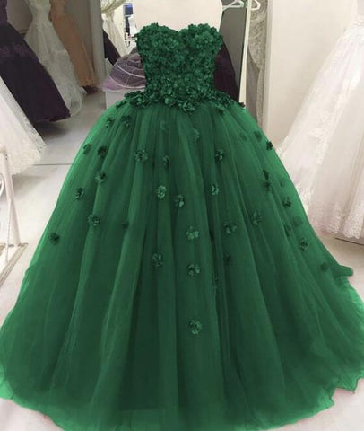 Vestido de quinceañera verde con escote corazón y flores Y1622