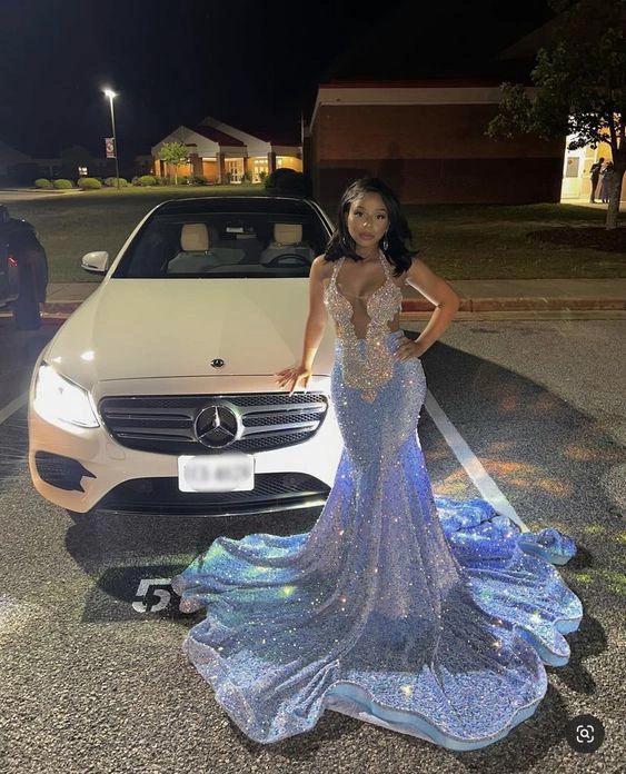 Sparkly Mermaid Blue Sequins Evening Dresses For Black Girls Y1632 by simplepromdress
