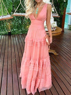 Sexy v-neck pink ruffles prom dresses chiffon pleated evening dress Y1347 by simplepromdress