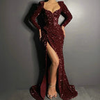 Burgundy Sequins Evening Dresses With Long Sleeves Mermaid High Split Mermaid Prom Dress Party Gown Y1682 by simplepromdress
