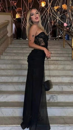 Sexy Black Long Evening Dress Illusion Black Lace Corset Evening Gown Y1047 by simplepromdress