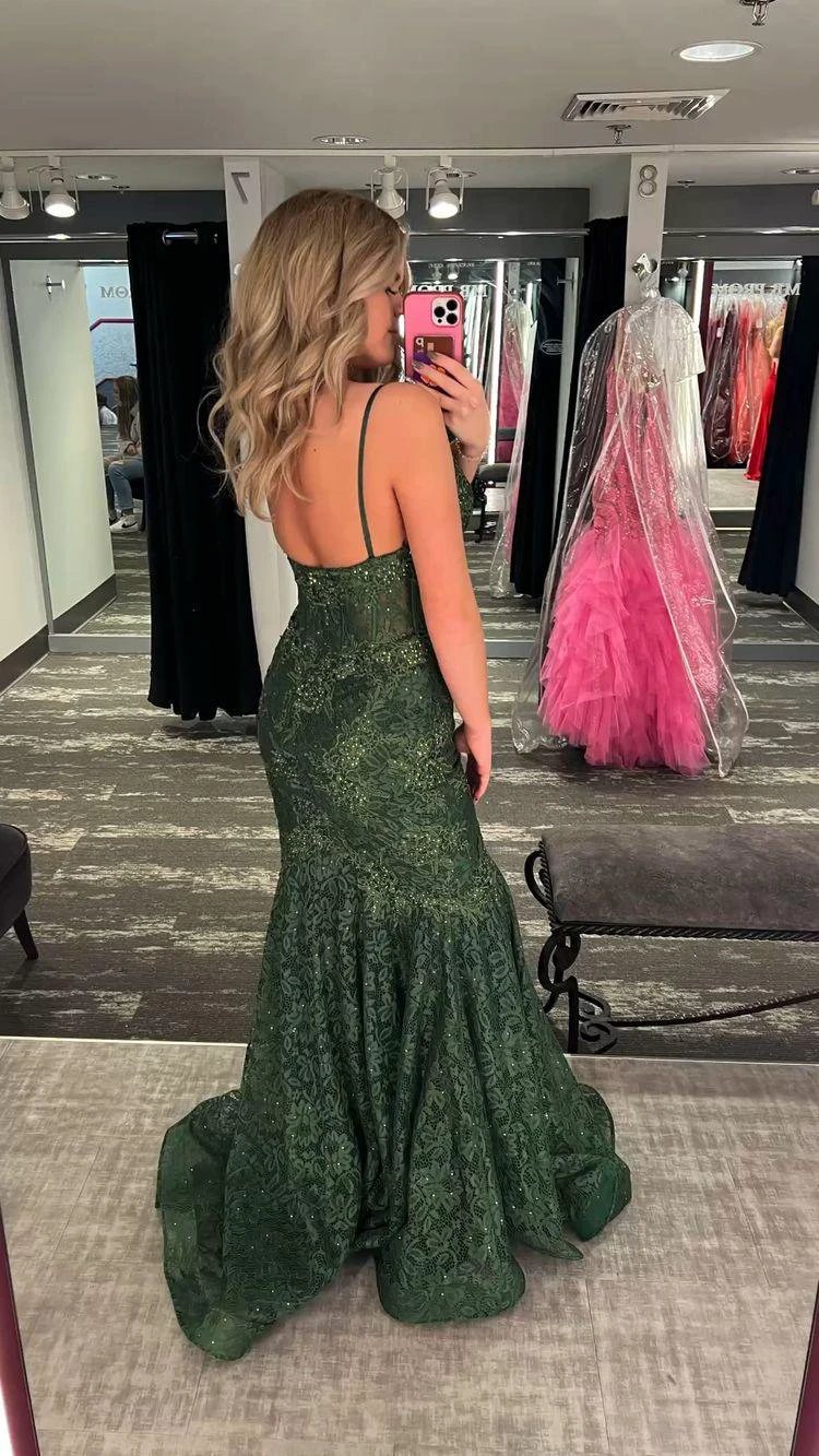 Generous Green Spaghetti Straps Lace Mermaid Evening Dress Y1030 by simplepromdress