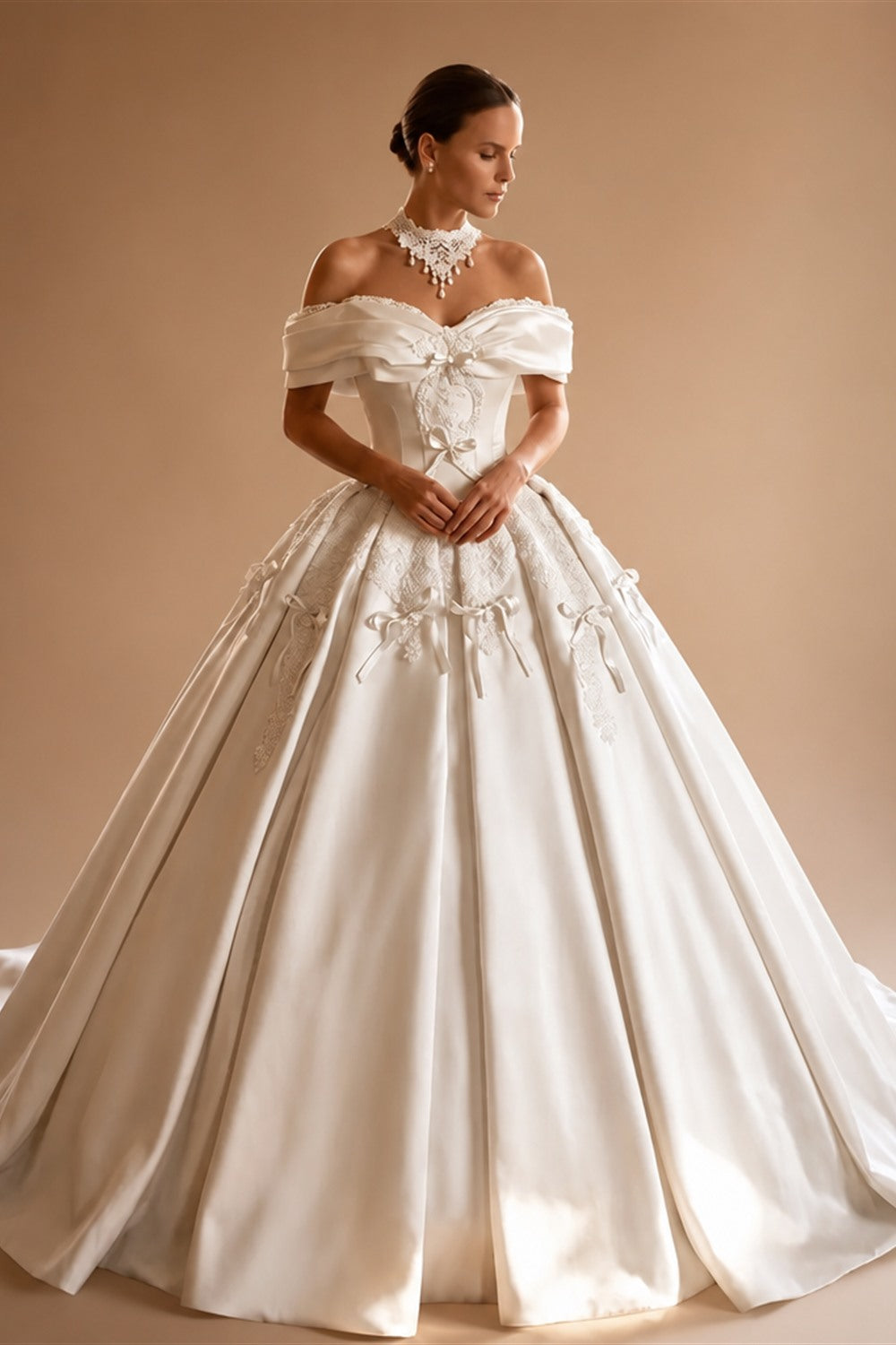 Off the Shoulder White Satin Ball Gown Flower Girl Dress with Long Cathedral Train ZP017