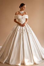 Off the Shoulder White Satin Ball Gown Flower Girl Dress with Long Cathedral Train ZP017