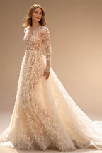 Aedmgh A-Line Boho Wedding Dresses O-Neck Long Sleeve Vestido De Novia Lace Appliques Pearls Sequined Custom Made Bridal Gown