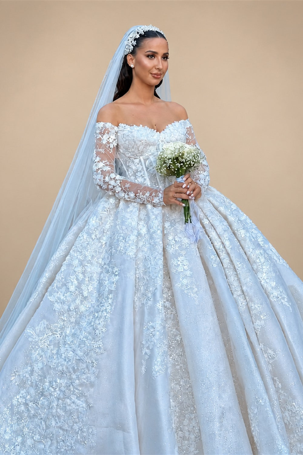 Customized Sweetheart Graceful High Collar Shinny Applique Beads Long Sleeves Wedding Dress Princess Vestidos De Novia