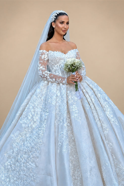 Customized Sweetheart Graceful High Collar Shinny Applique Beads Long Sleeves Wedding Dress Princess Vestidos De Novia