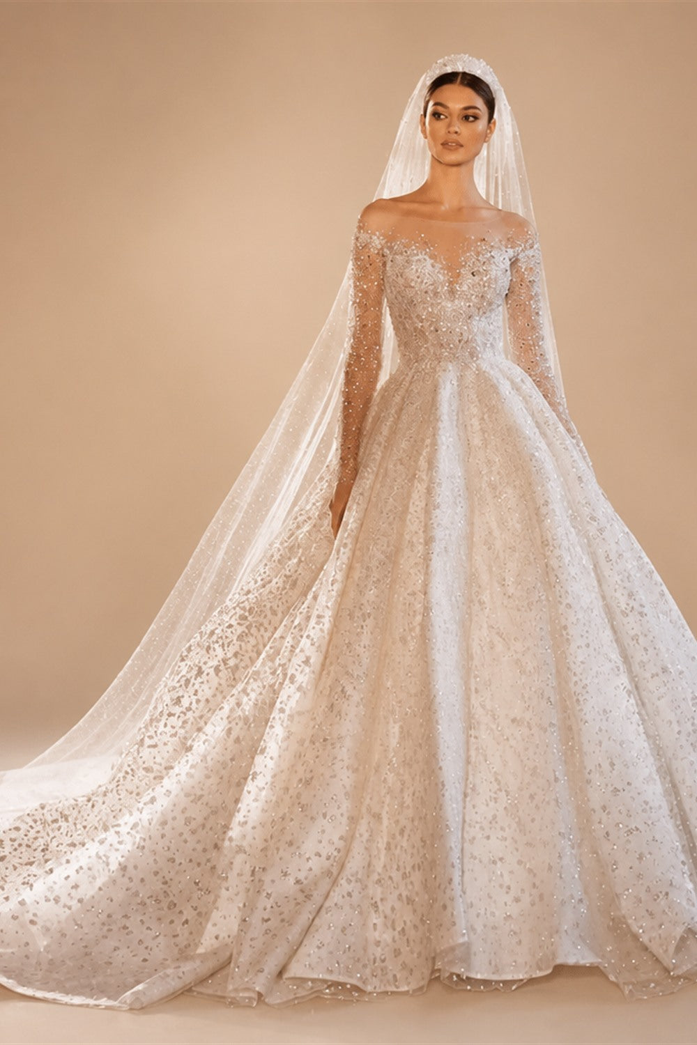 Vestidos De Novia Shining Long Sleeve Ball Gown Wedding Dress Beading Tulle Luxury Hochzeitskleid Button Back Gorgeous Trouwjurk