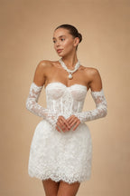 Glamorous A Line Wedding Dress Lace Strapless Removeable Sleeves Celebrate Bridal Gown Short Vestidos De Novia Customized