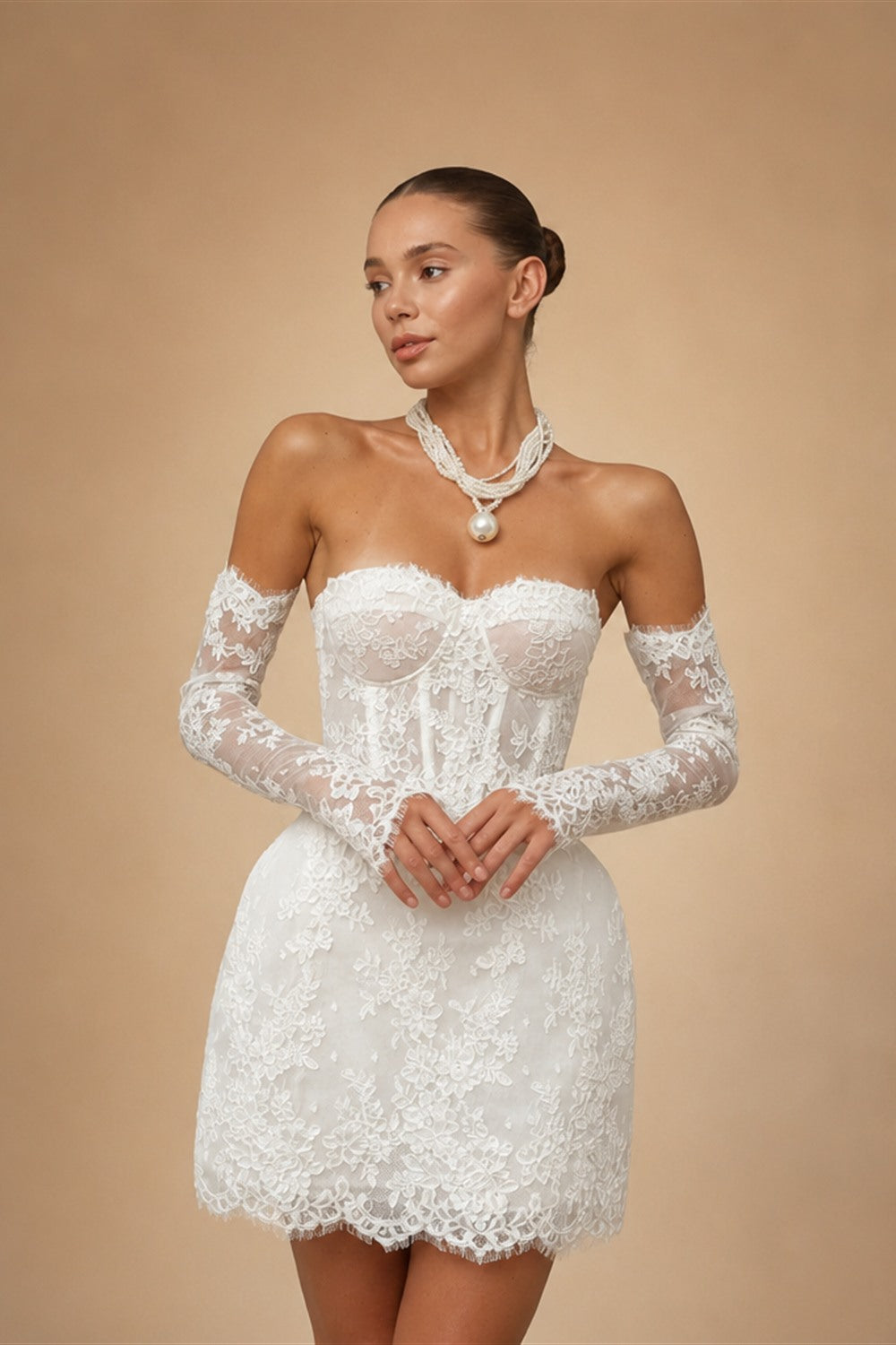 Glamorous A Line Wedding Dress Lace Strapless Removeable Sleeves Celebrate Bridal Gown Short Vestidos De Novia Customized