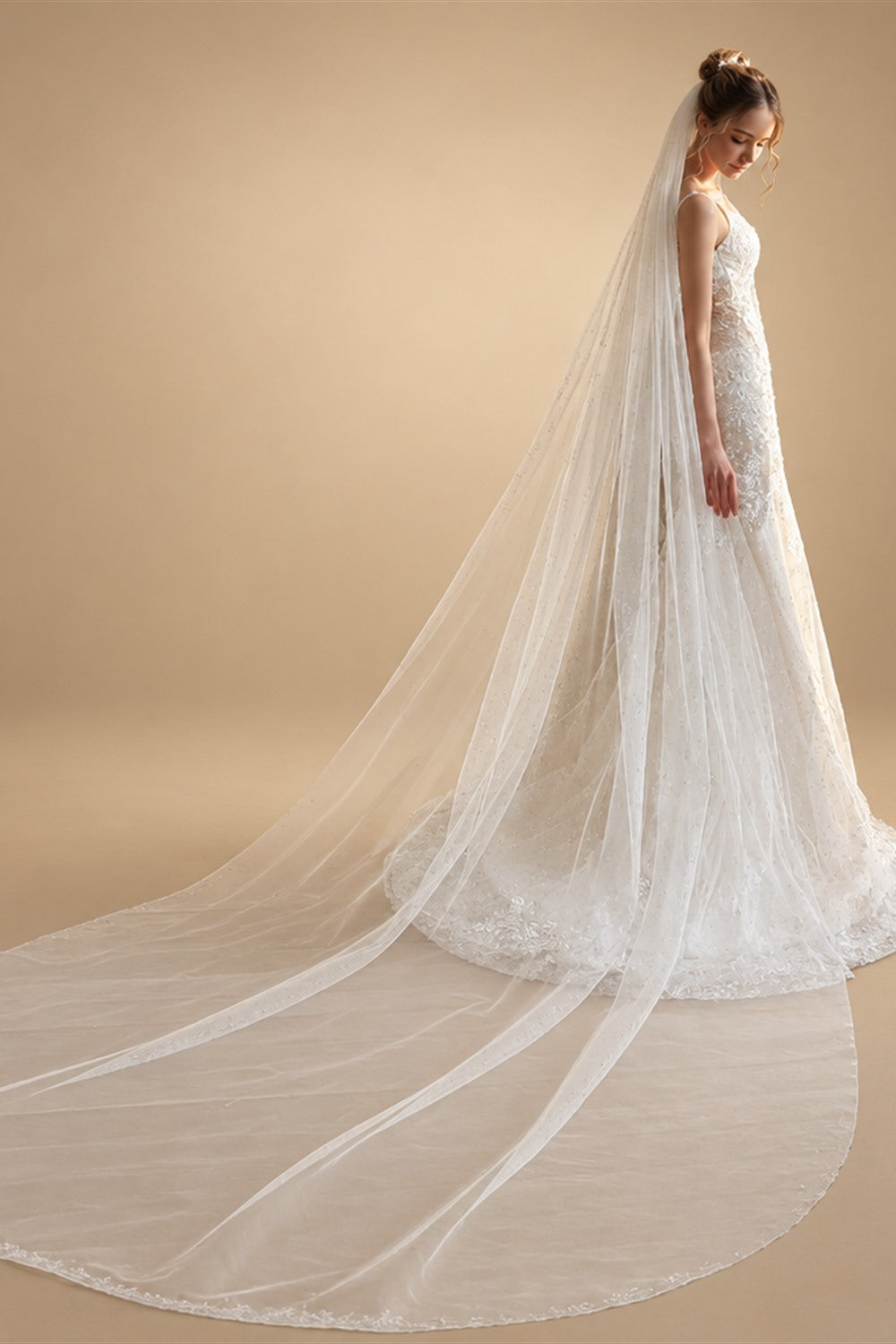 V393 One layer Bridal Veil - White Long Train Wedding Tulle Headpiece for Brides With Comb