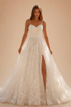 Elegant White Spaghetti Strap Satin Bodice Lace Tulle Wedding Dress with Train ZP065