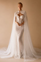 Luxury Sparkling Beaded Lace Wedding Dress With Cape Elegant Mermaid Long Bridal Gown Customized Illusion Dresses For Bride