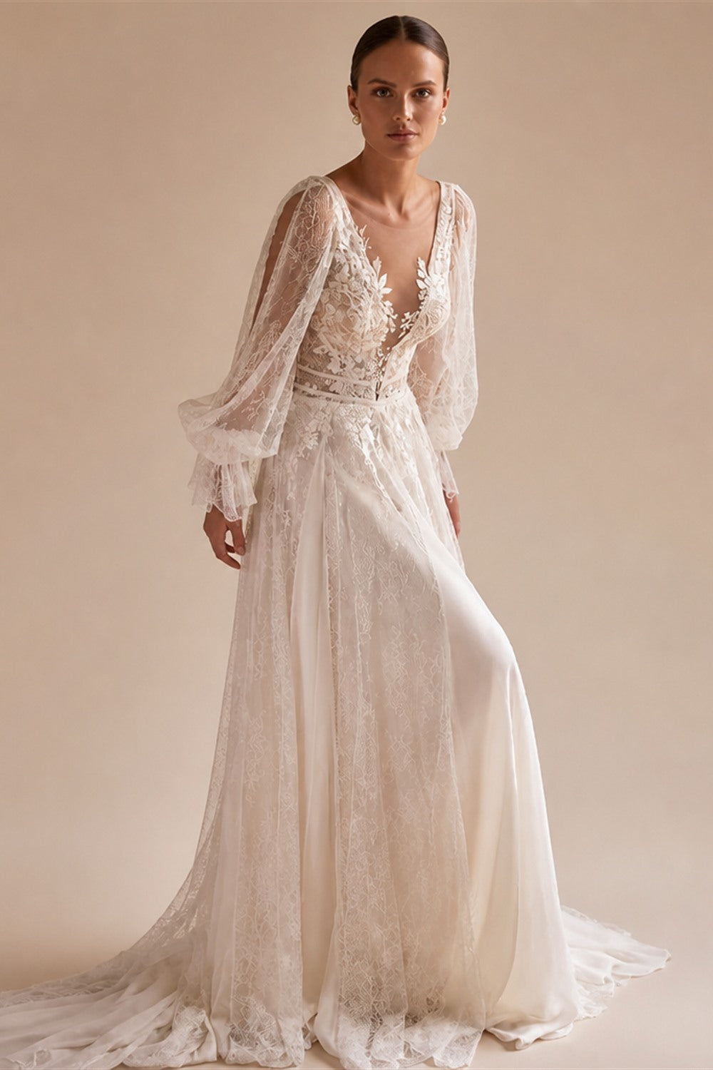 HERBURN Charming A-line Wedding Dresses for Women Bride Lace Appliques Illusion Puff Sleeves Backless Robe De Mariee Customized