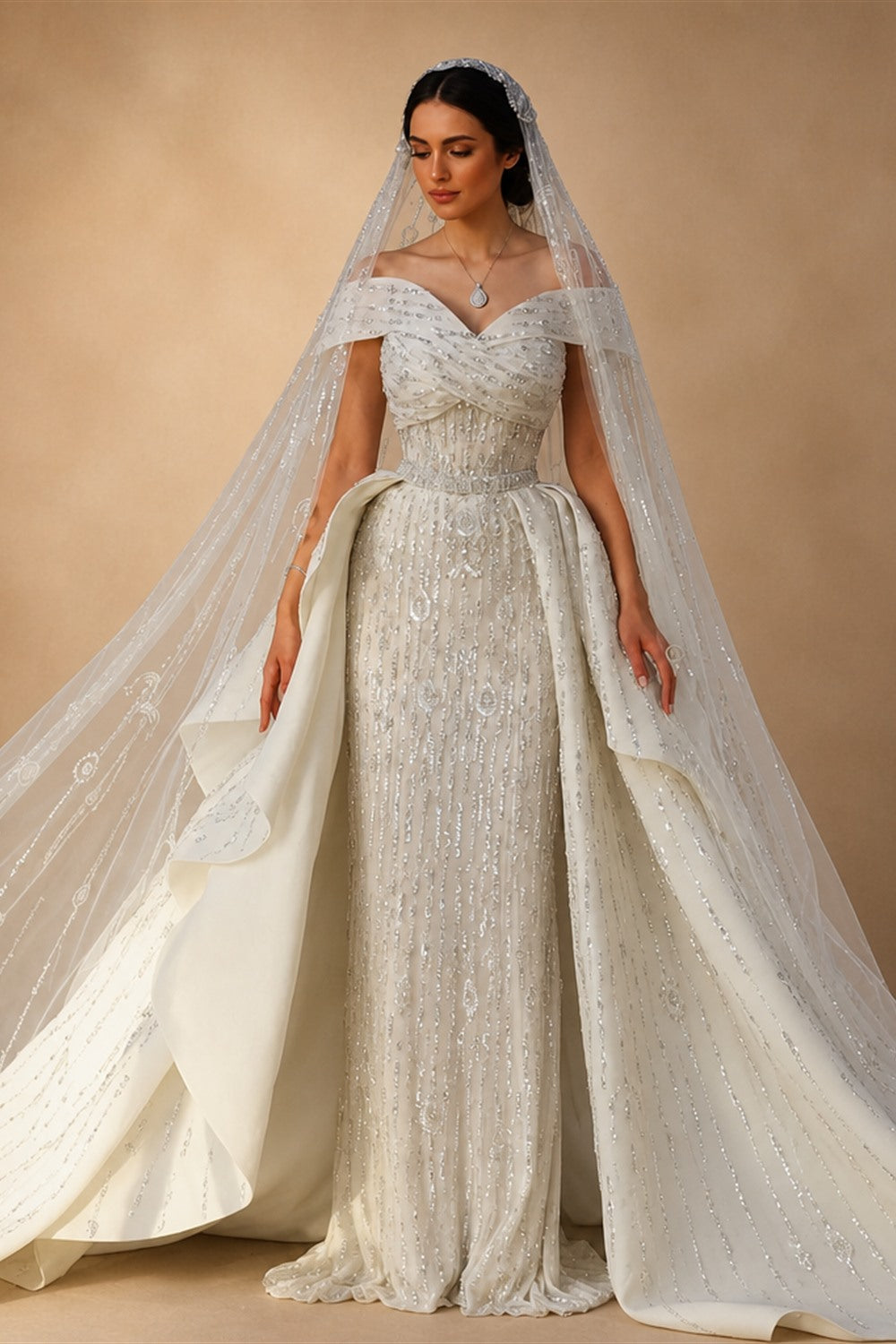 Luxury White Off-the-Shoulder Train Wedding Dress with Veil ZP153
