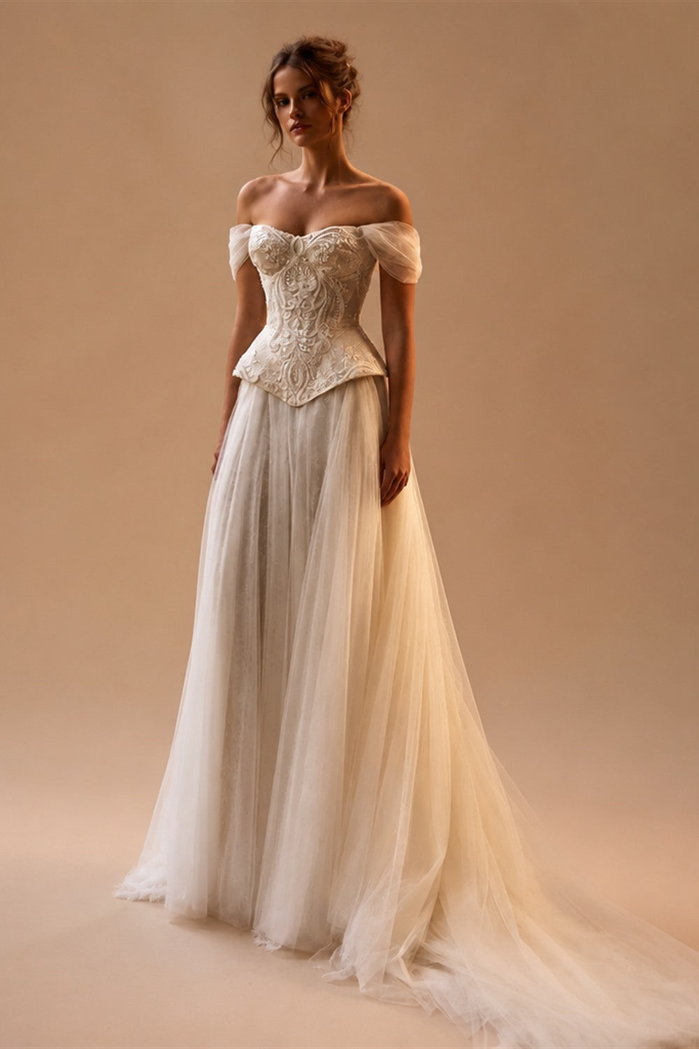 Luxury Ivory Off-the-Shoulder Lace Corset Tulle Train Wedding Dress ZP135