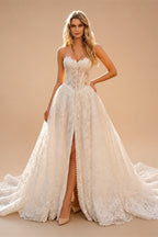 White Floral Lace Strapless Bridal Gown Sweetheart Neckline Front Button Ball Gown ZP011