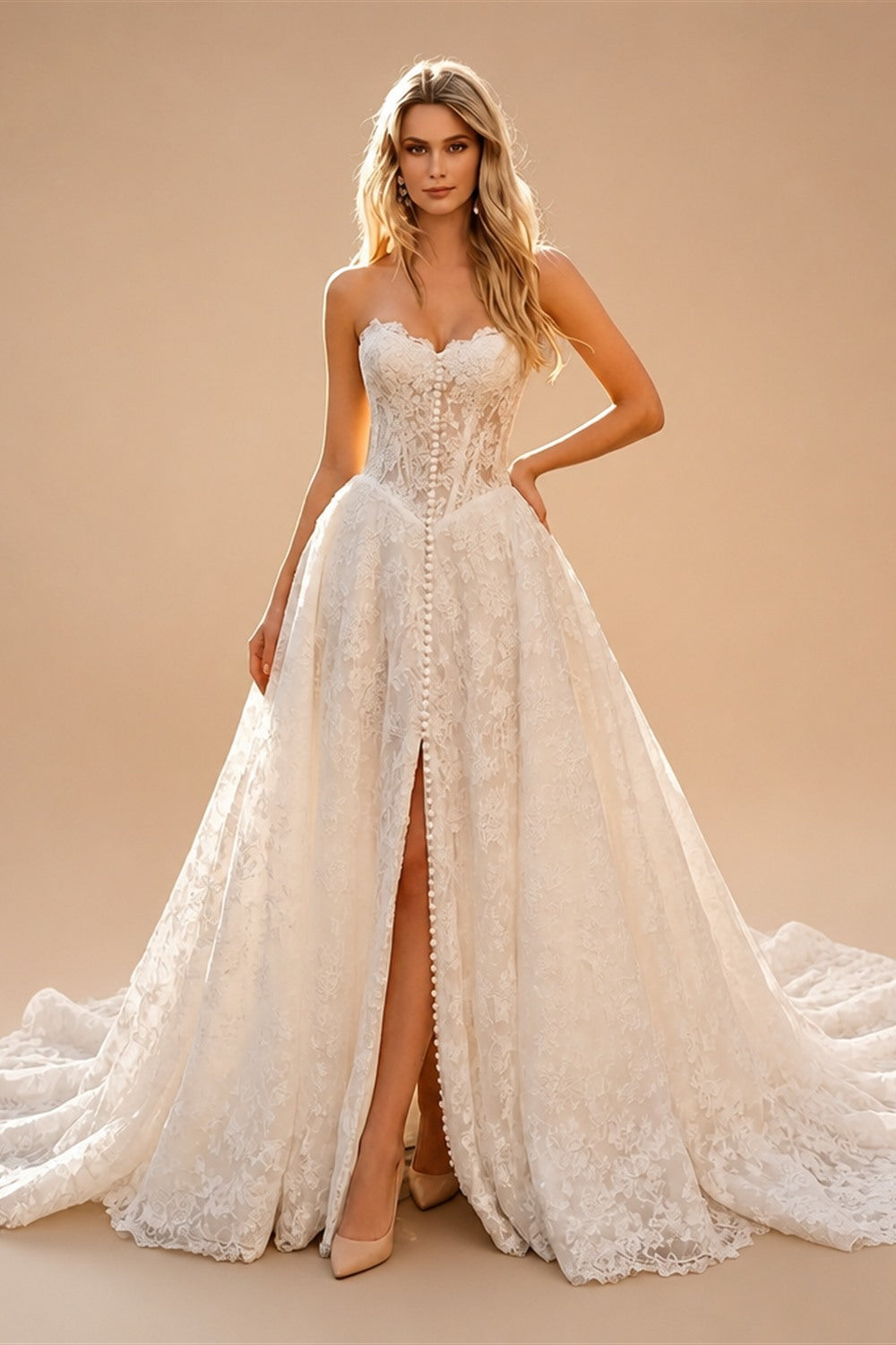 White Floral Lace Strapless Bridal Gown Sweetheart Neckline Front Button Ball Gown ZP011