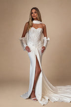 Modern White Strapless Satin High Slit Mermaid Wedding Dress with Scarf ZP093