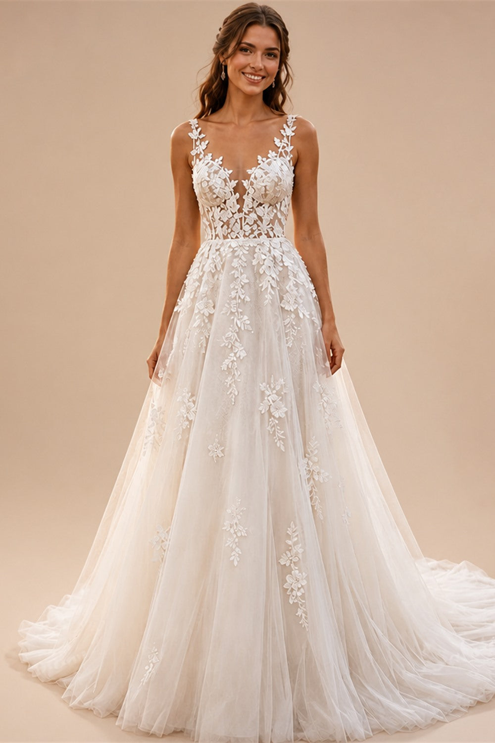 Deep V Lace Strap Boho Wedding Dress Floral Applique Bridal Gowns Glitter Tulle A Line Chapel Train Wedding Gowns Customized