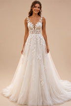 Deep V Lace Strap Boho Wedding Dress Floral Applique Bridal Gowns Glitter Tulle A Line Chapel Train Wedding Gowns Customized